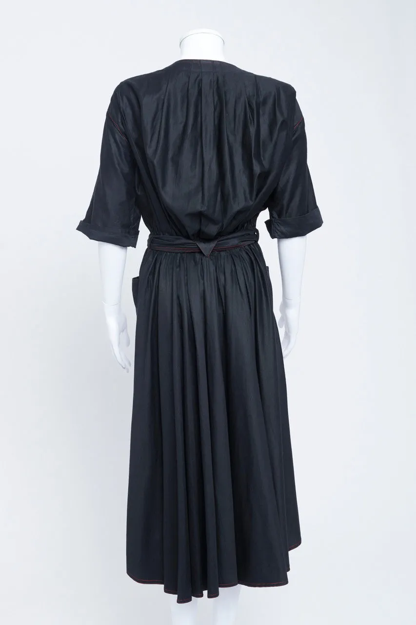 1980's Black Cotton Contrast Stitching Midi Dress