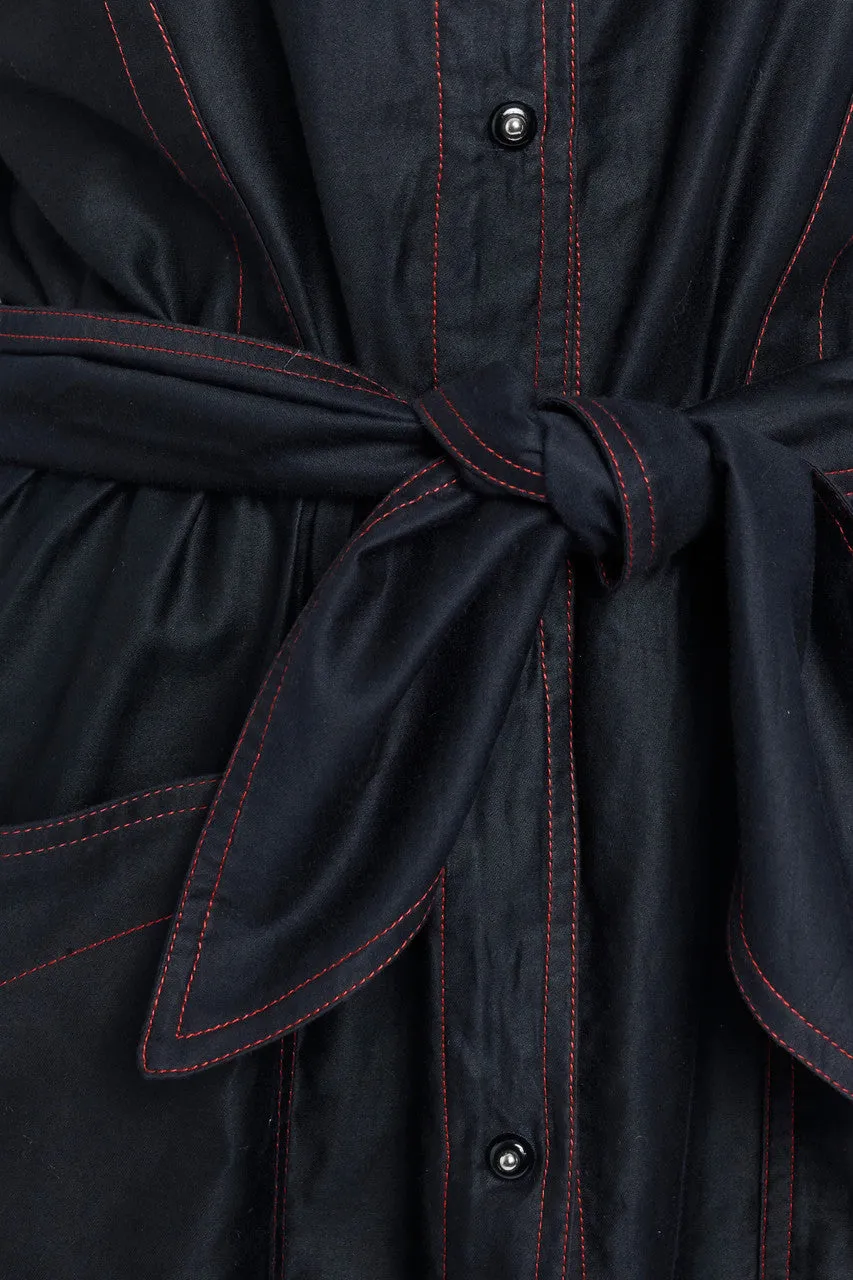 1980's Black Cotton Contrast Stitching Midi Dress