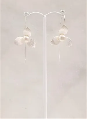 3 Petal Flower with Pearl Silver Earrings