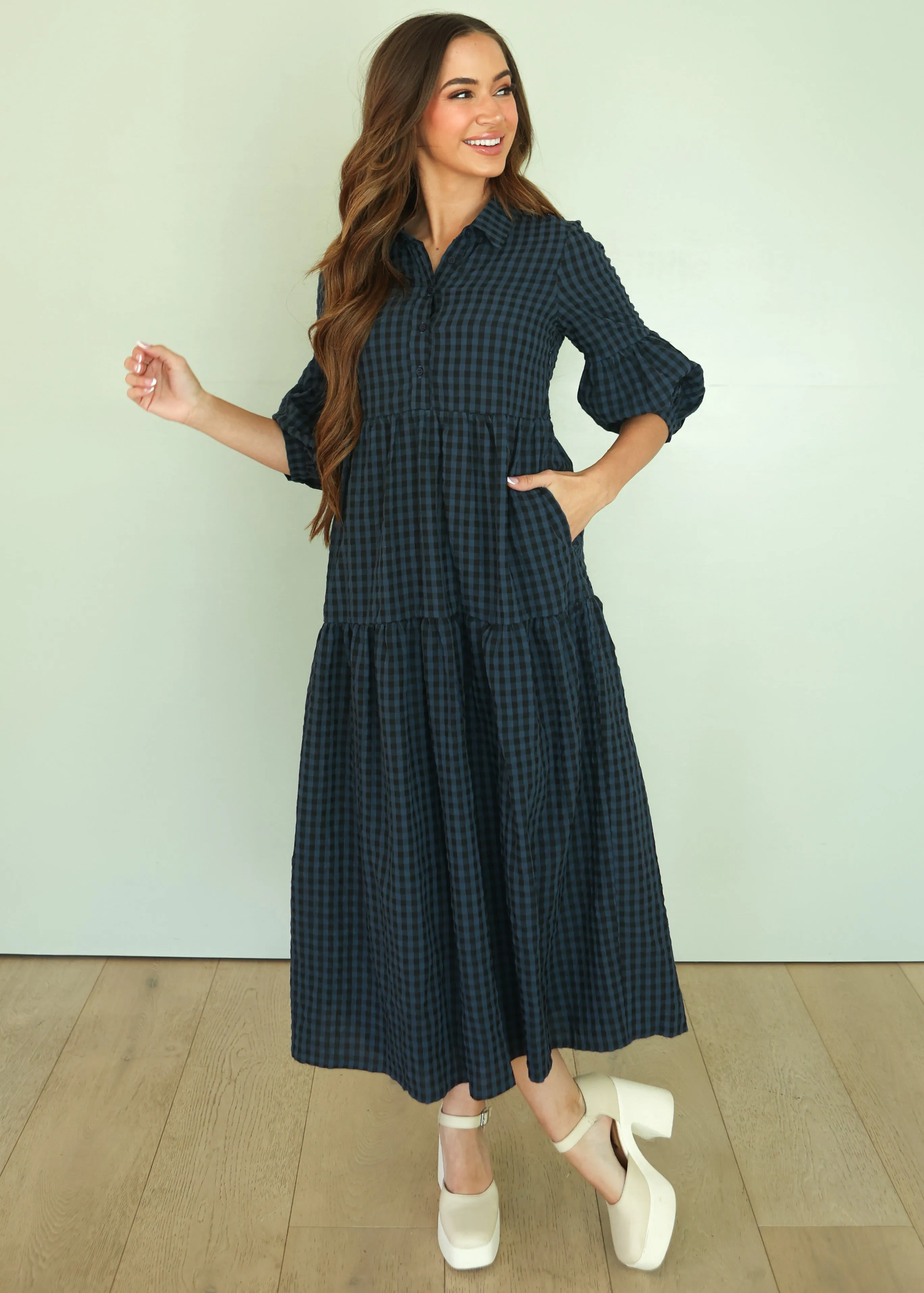 Ajara Blue Plaid Button Dress - FINAL FEW - FINAL SALE