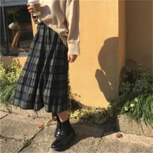 Autumn Winter  - Dark Academia Long Pleated Plaid Skirt Women