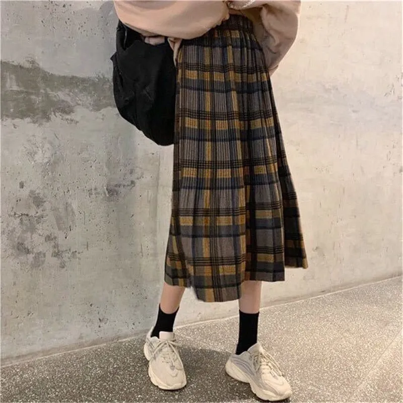 Autumn Winter  - Dark Academia Long Pleated Plaid Skirt Women