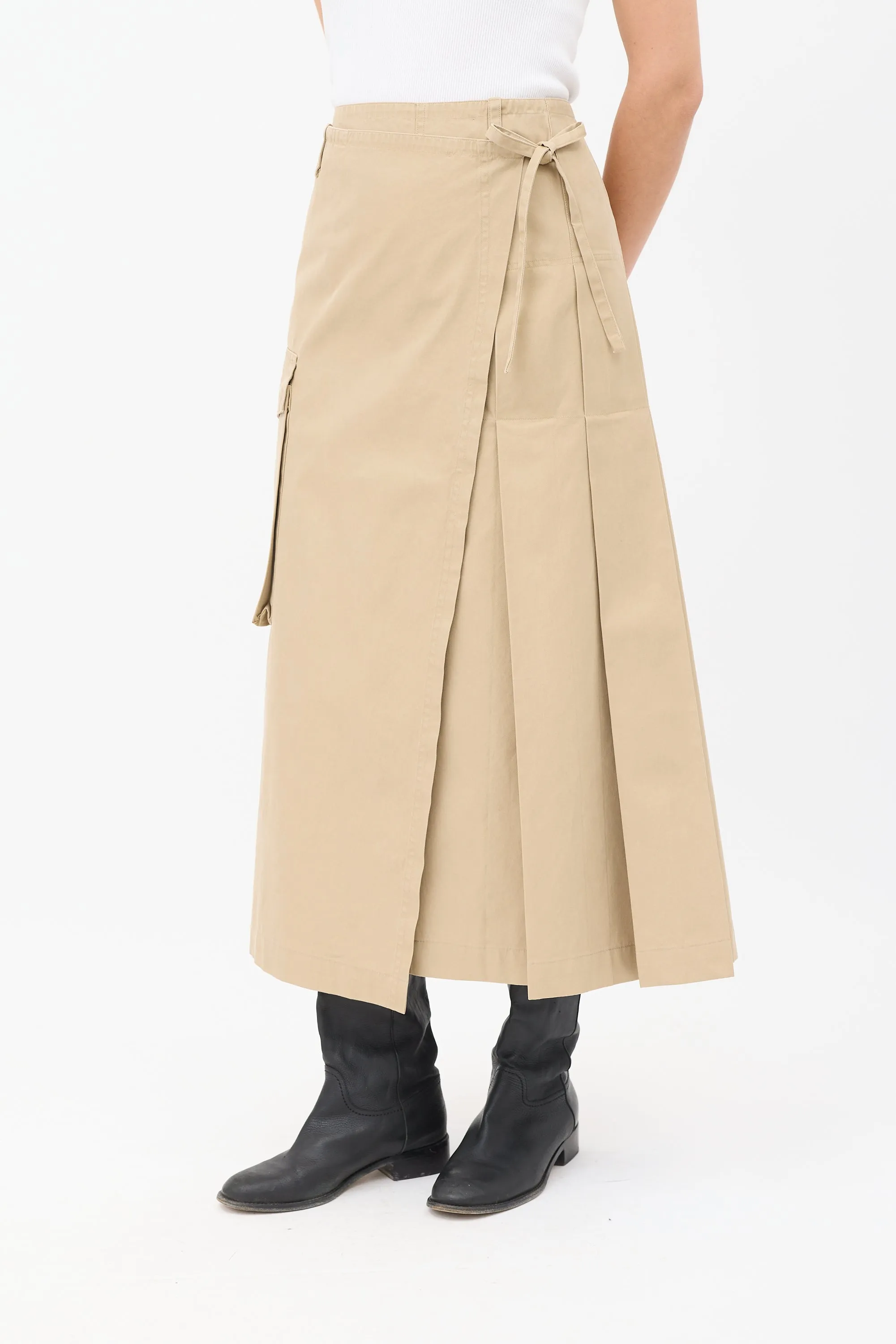 Beige Cargo Pleated Midi Wrap Skirt