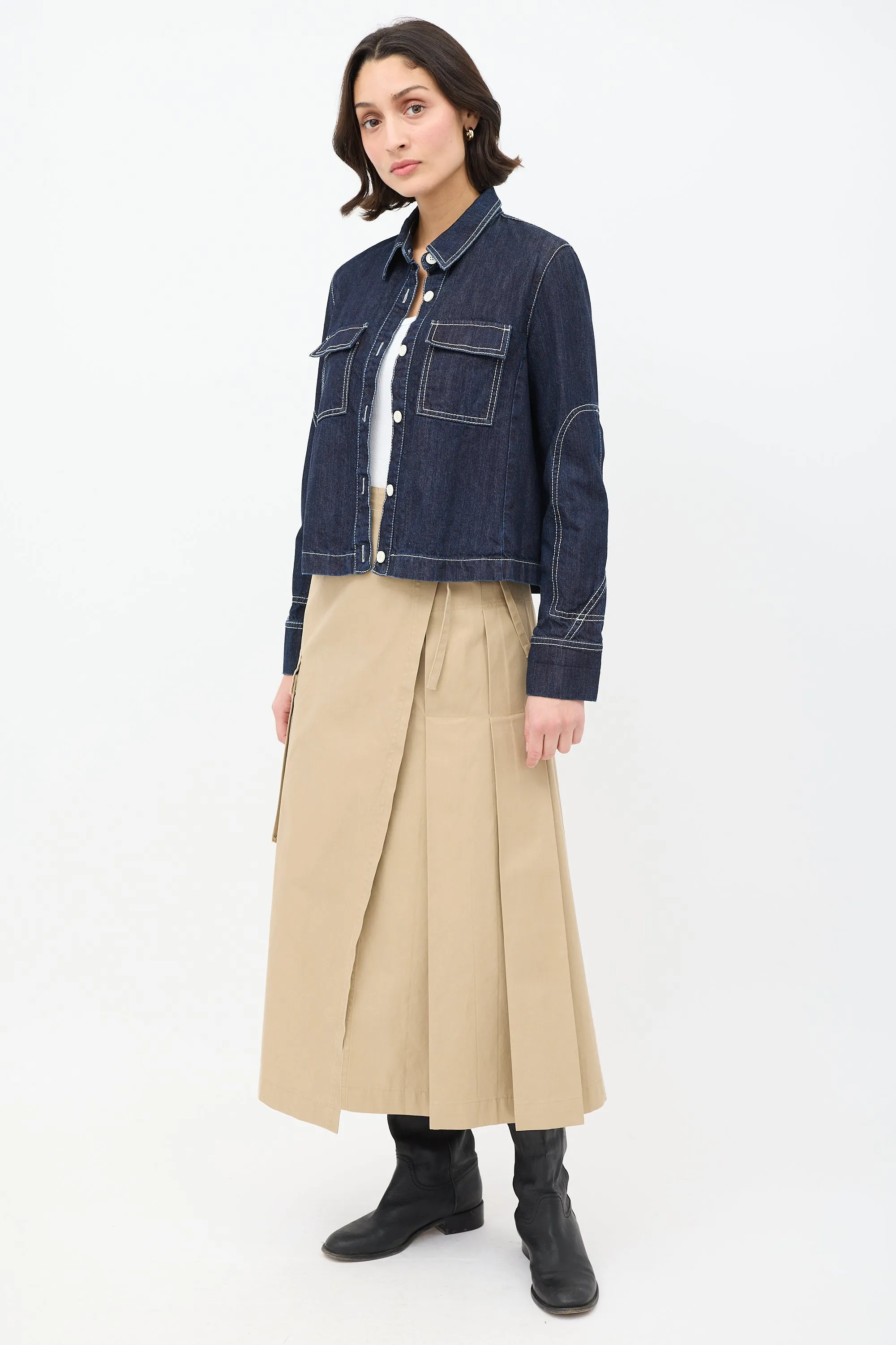 Beige Cargo Pleated Midi Wrap Skirt