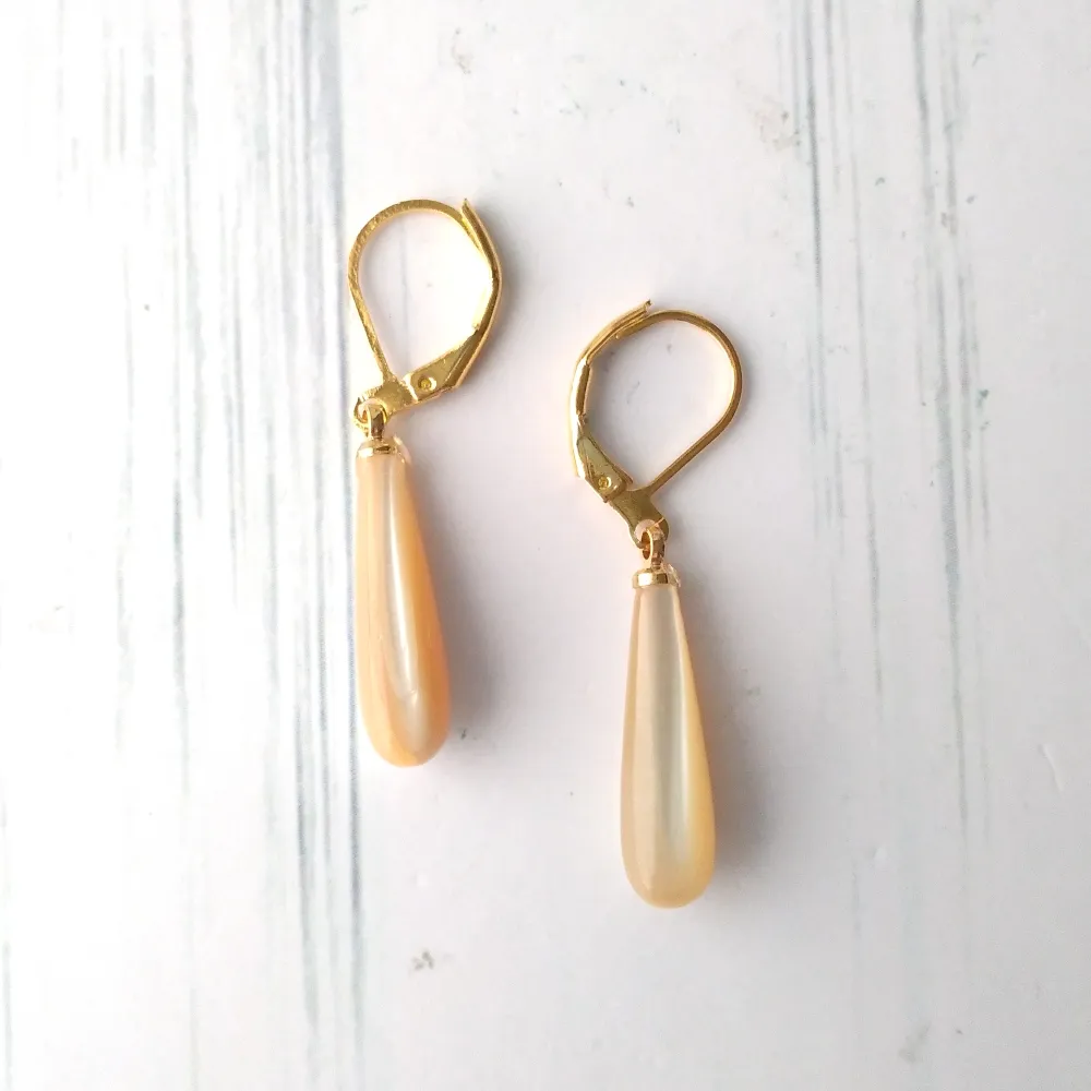 Beige Mother of Pearl Long Drops Lever Back Earrings