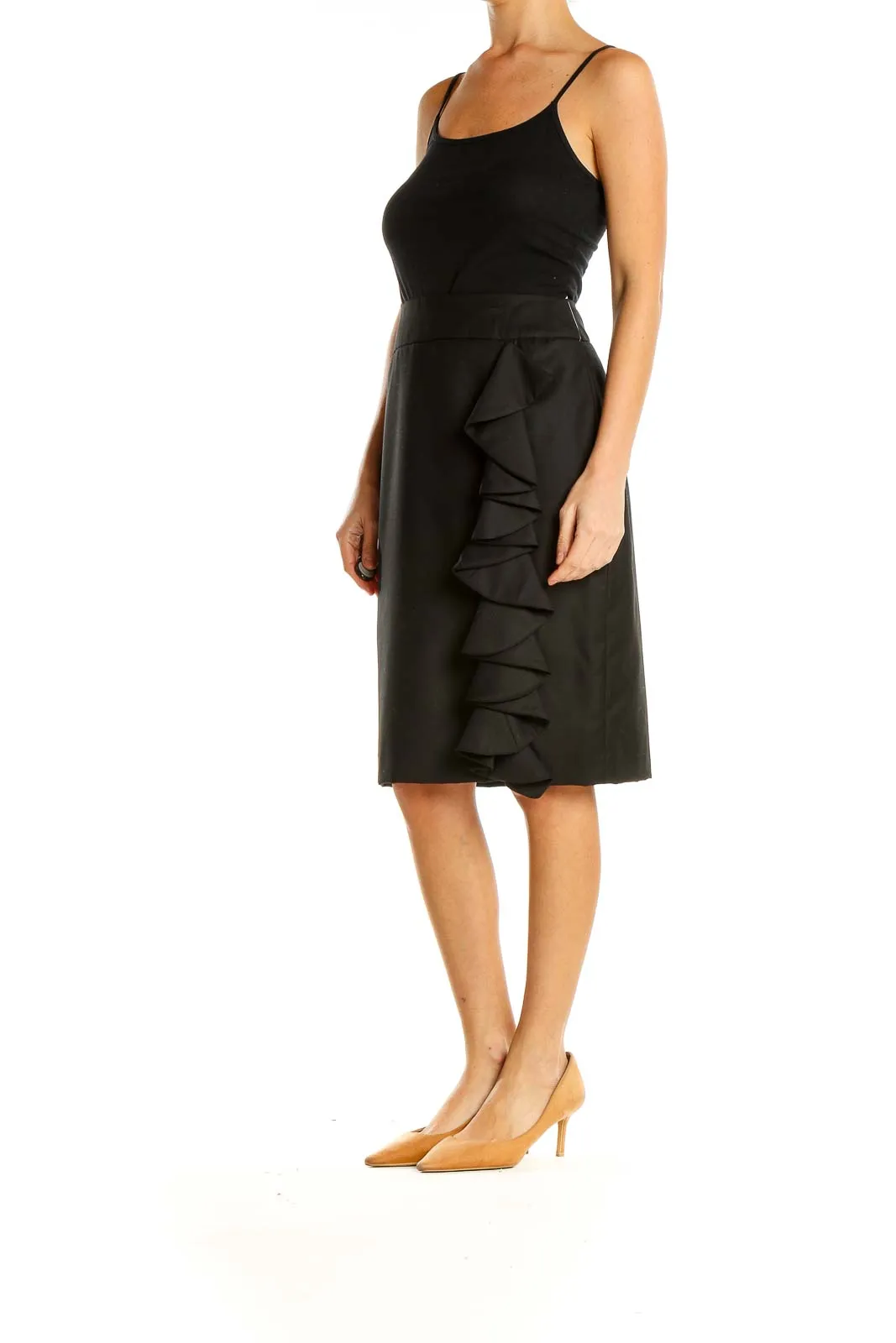 Black Textured Brunch Pencil Skirt with Ruffle Detail