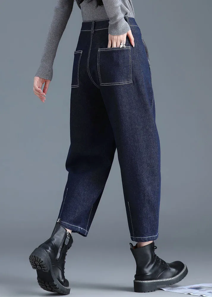 Blue Solid High Waist Pockets Cotton Denim Harem Pants