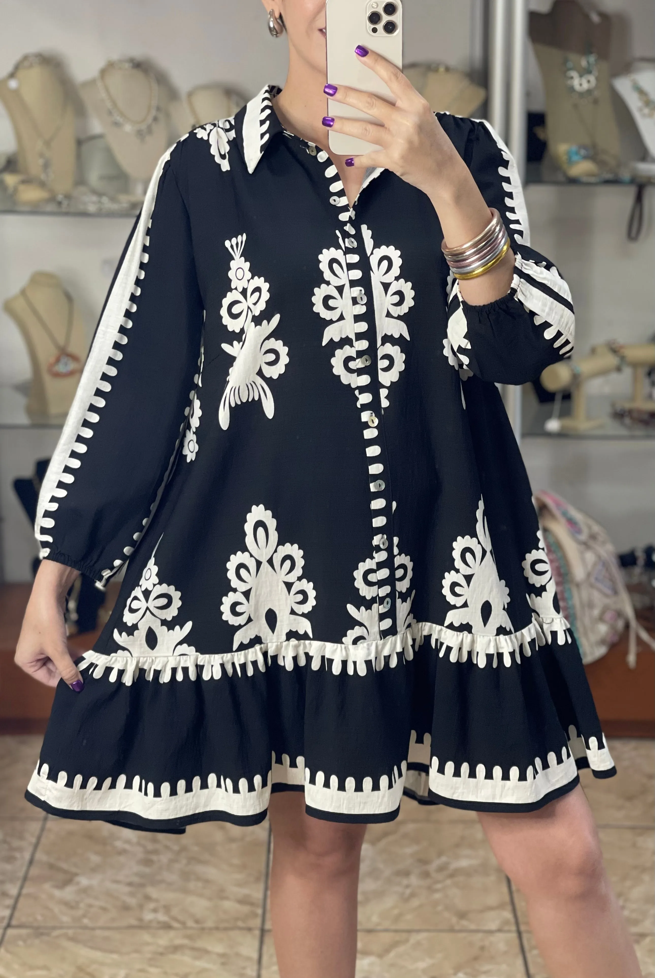 Borderprint Mini Dress (Black)