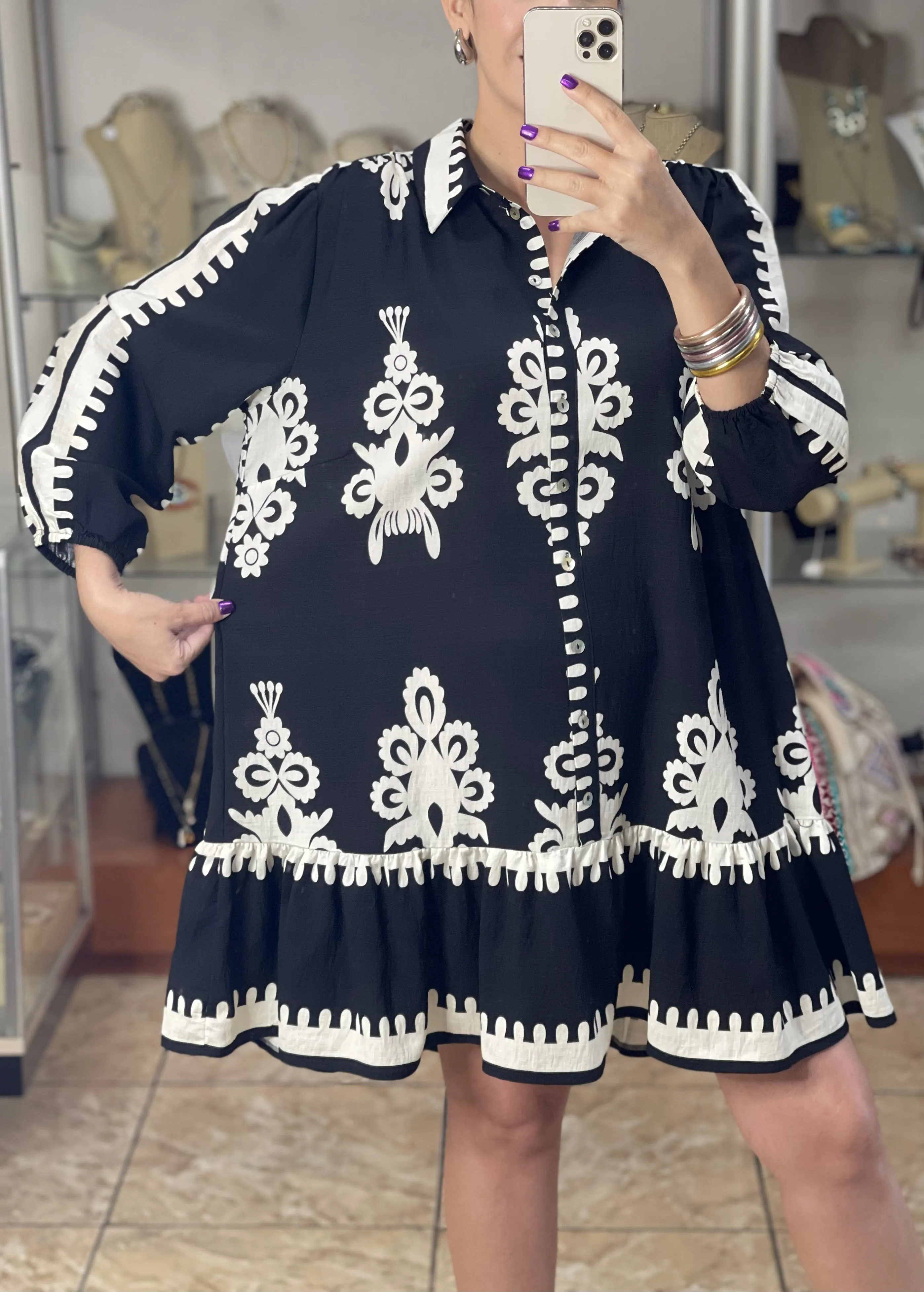 Borderprint Mini Dress (Black)