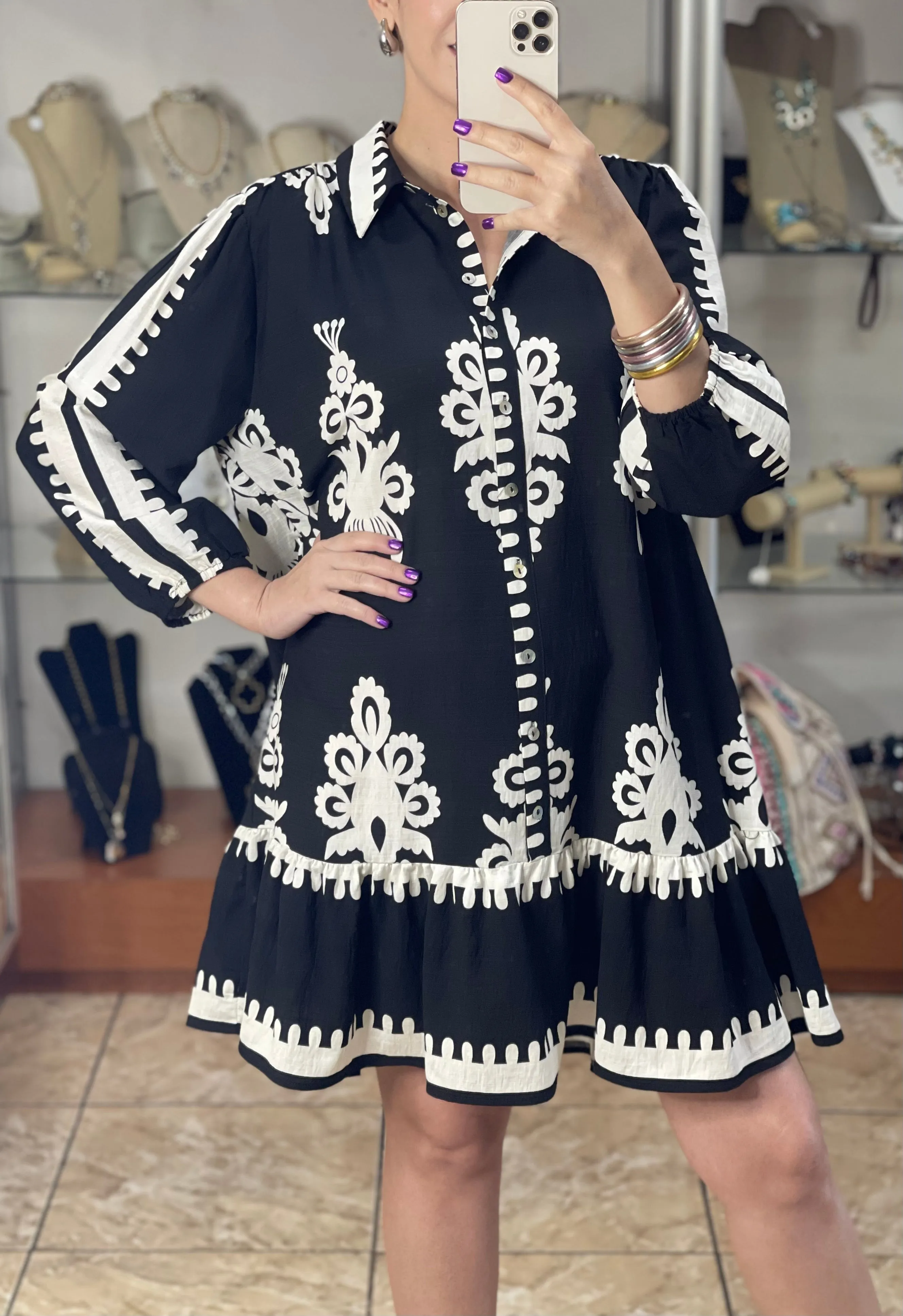 Borderprint Mini Dress (Black)