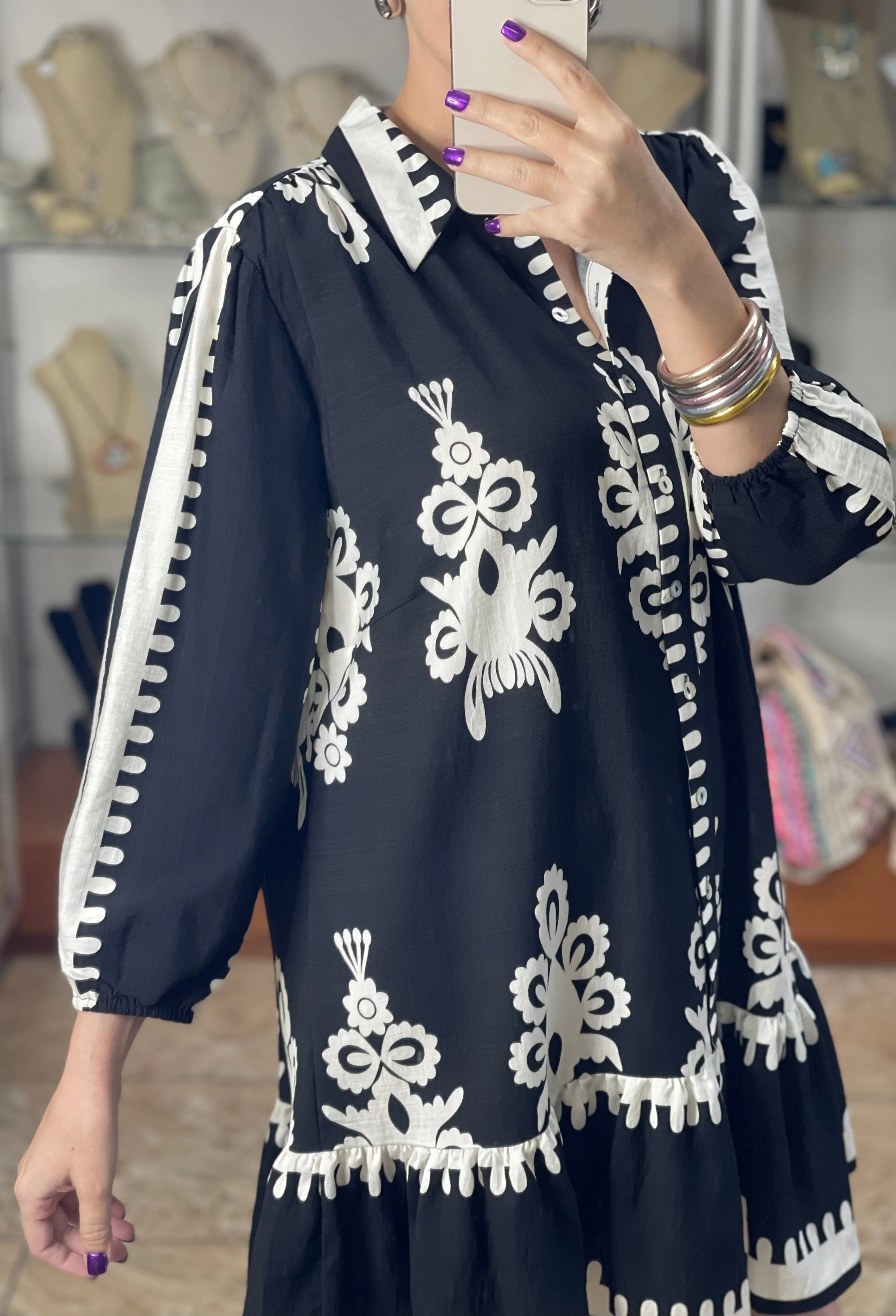 Borderprint Mini Dress (Black)