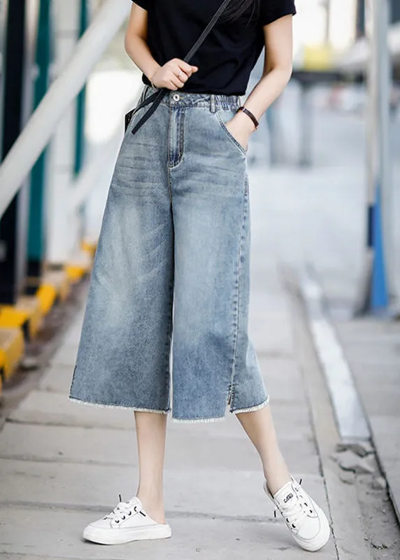 Boutique Streetwear Blue High Waist Pockets Cotton Denim Wide Leg Pants