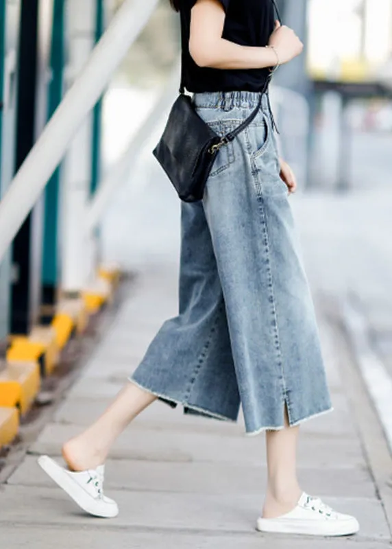 Boutique Streetwear Blue High Waist Pockets Cotton Denim Wide Leg Pants