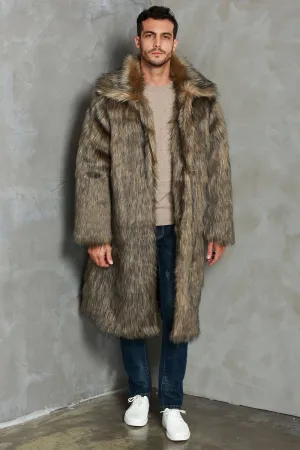 Brown Lapel Neck Long Faux Fur Men Coat