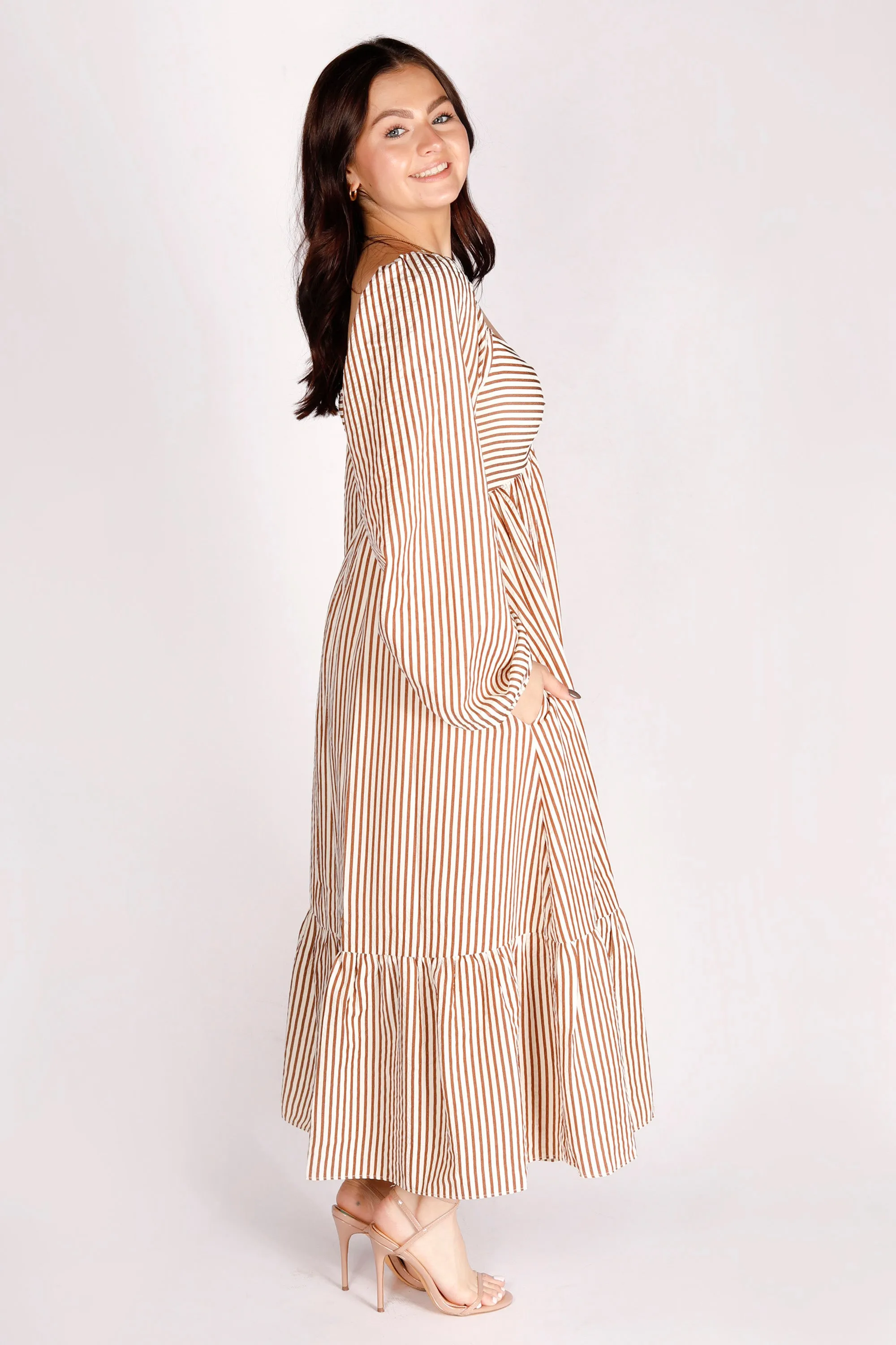 Brown Striped Midi Dress