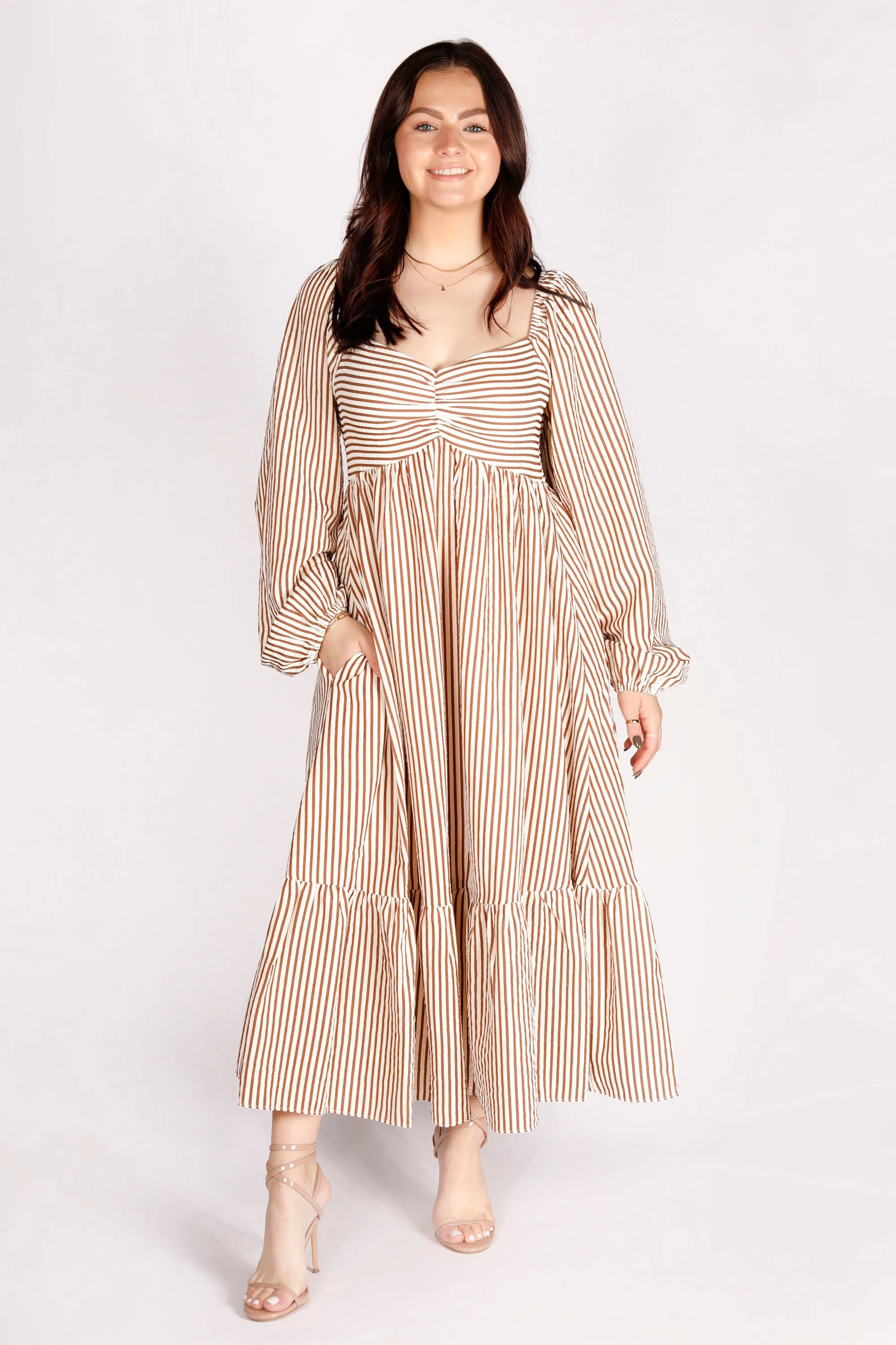 Brown Striped Midi Dress