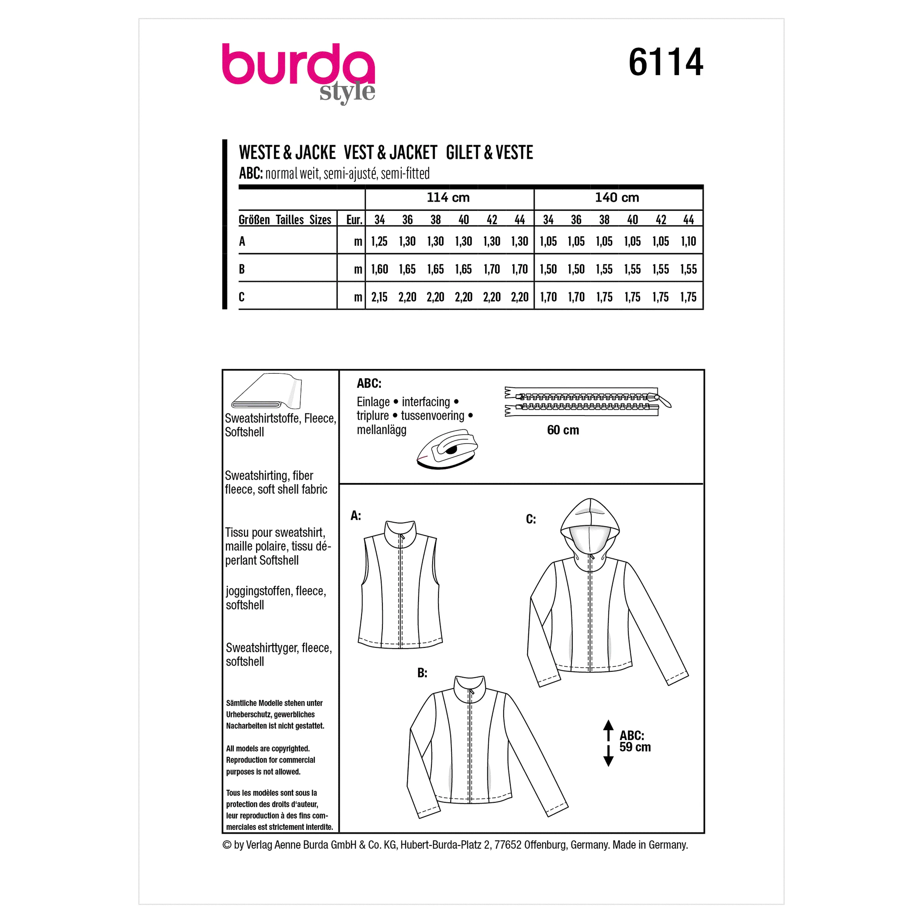 Burda Pattern 6114 Misses' Waistcoat, Vest, Jacket