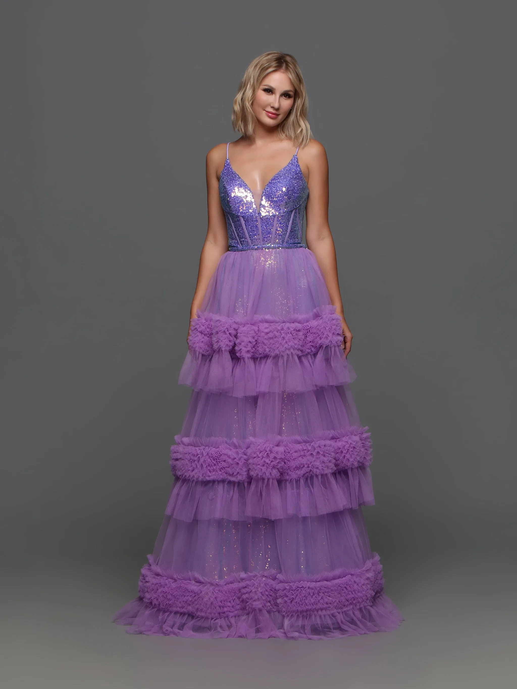 Candice Wang 72377 Sequin V Neck Fitted Prom Dress A Line Pleated Tulle Skirt Layer Gown