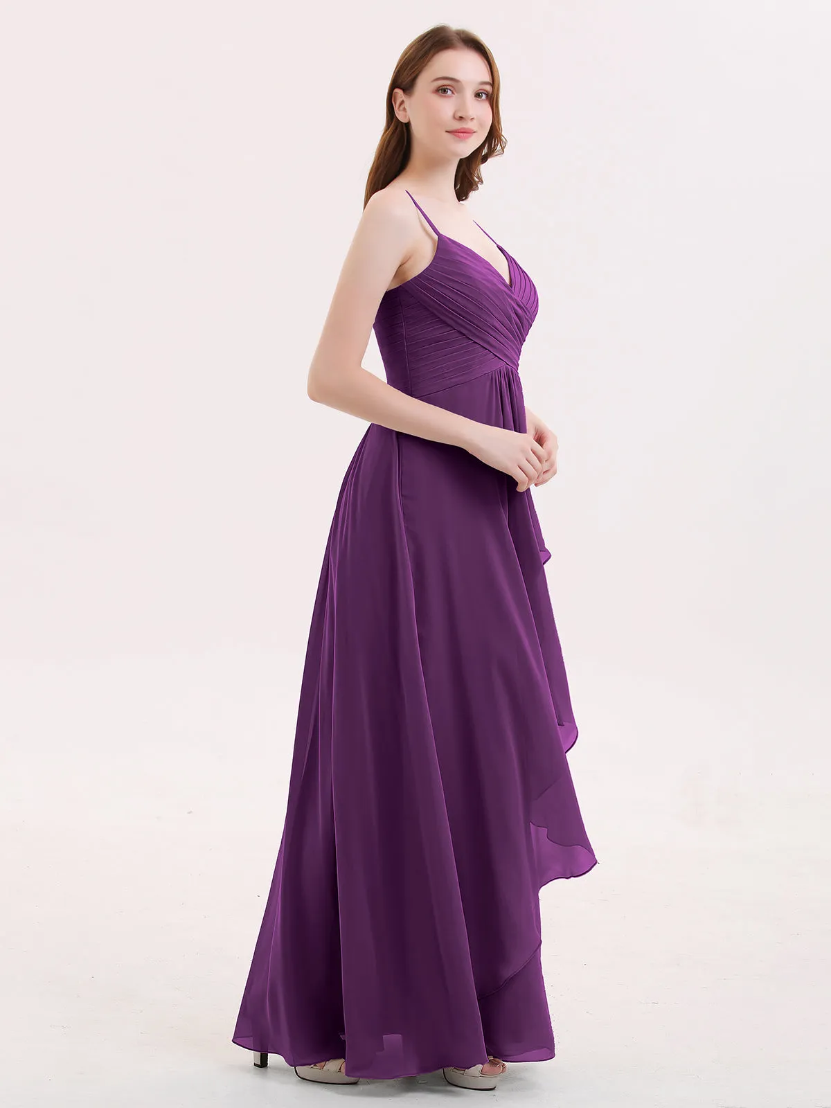 Chiffon Bridesmaid Dresses with Cascade Skirt-Grape
