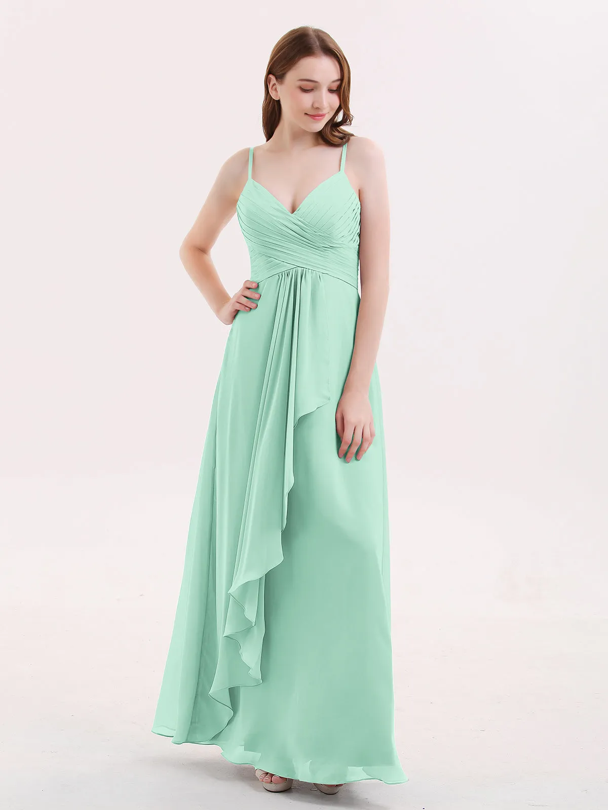 Chiffon Bridesmaid Dresses with Cascade Skirt-Mint Green