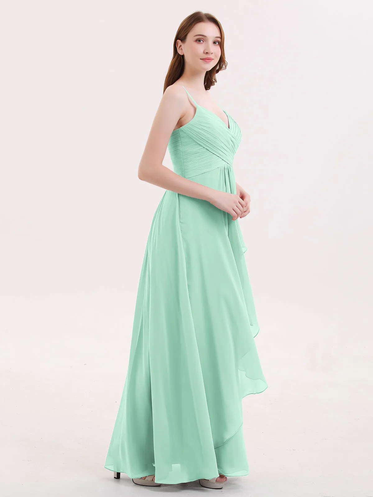 Chiffon Bridesmaid Dresses with Cascade Skirt-Mint Green