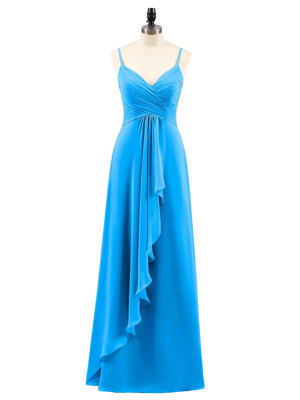 Chiffon Bridesmaid Dresses with Cascade Skirt-Ocean Blue