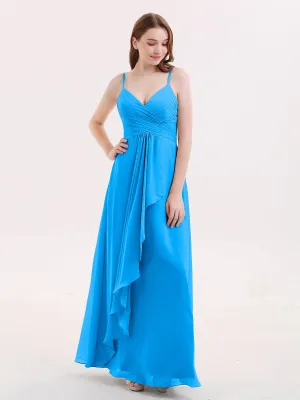 Chiffon Bridesmaid Dresses with Cascade Skirt-Ocean Blue