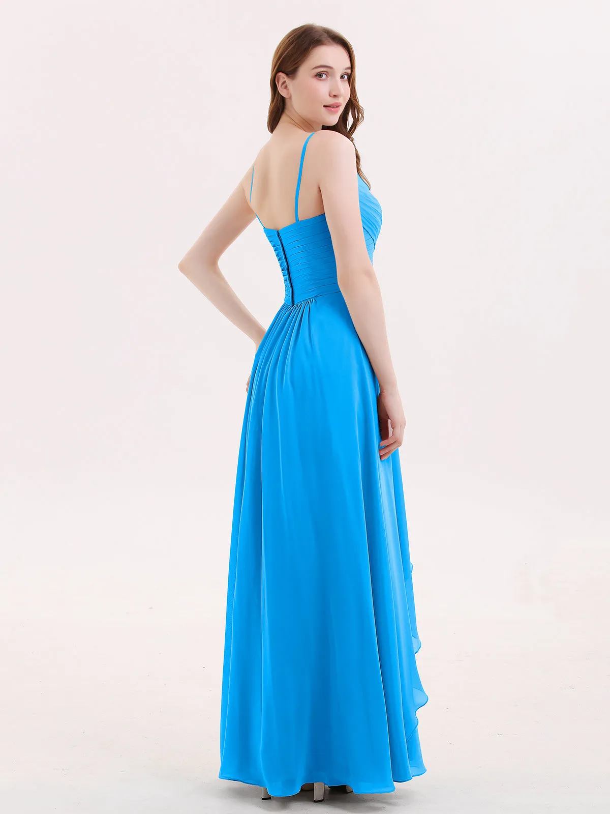Chiffon Bridesmaid Dresses with Cascade Skirt-Ocean Blue