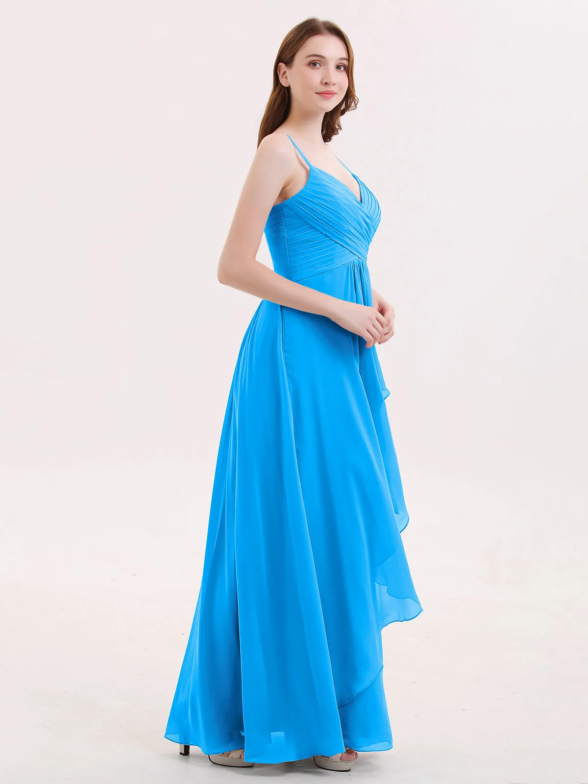 Chiffon Bridesmaid Dresses with Cascade Skirt-Ocean Blue