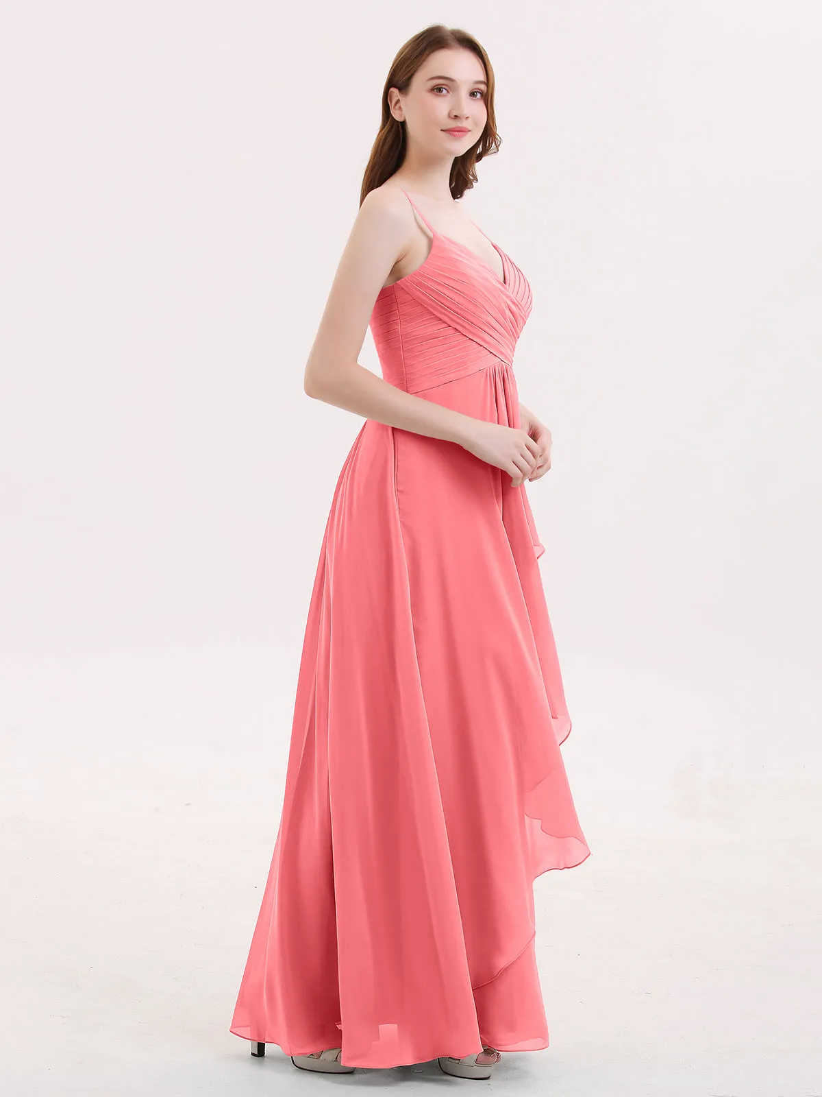 Chiffon Bridesmaid Dresses with Cascade Skirt-Watermelon Plus Size