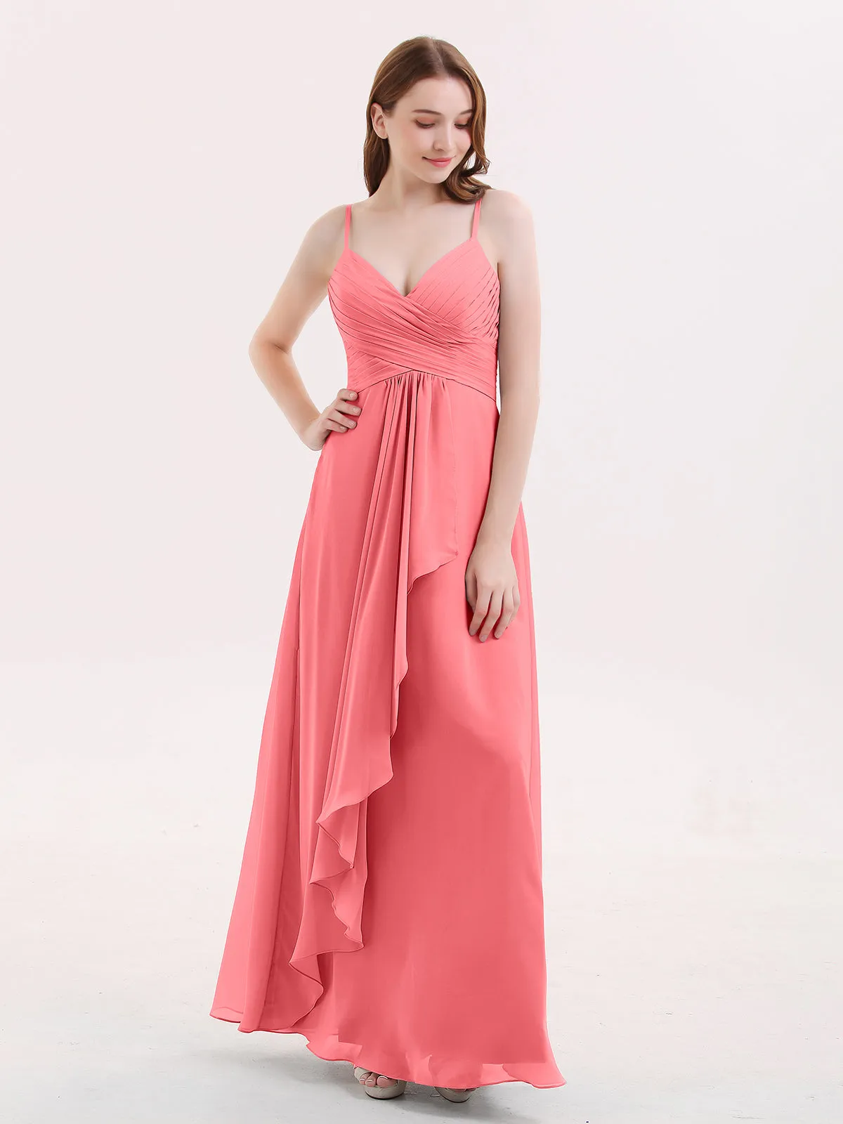 Chiffon Bridesmaid Dresses with Cascade Skirt-Watermelon Plus Size