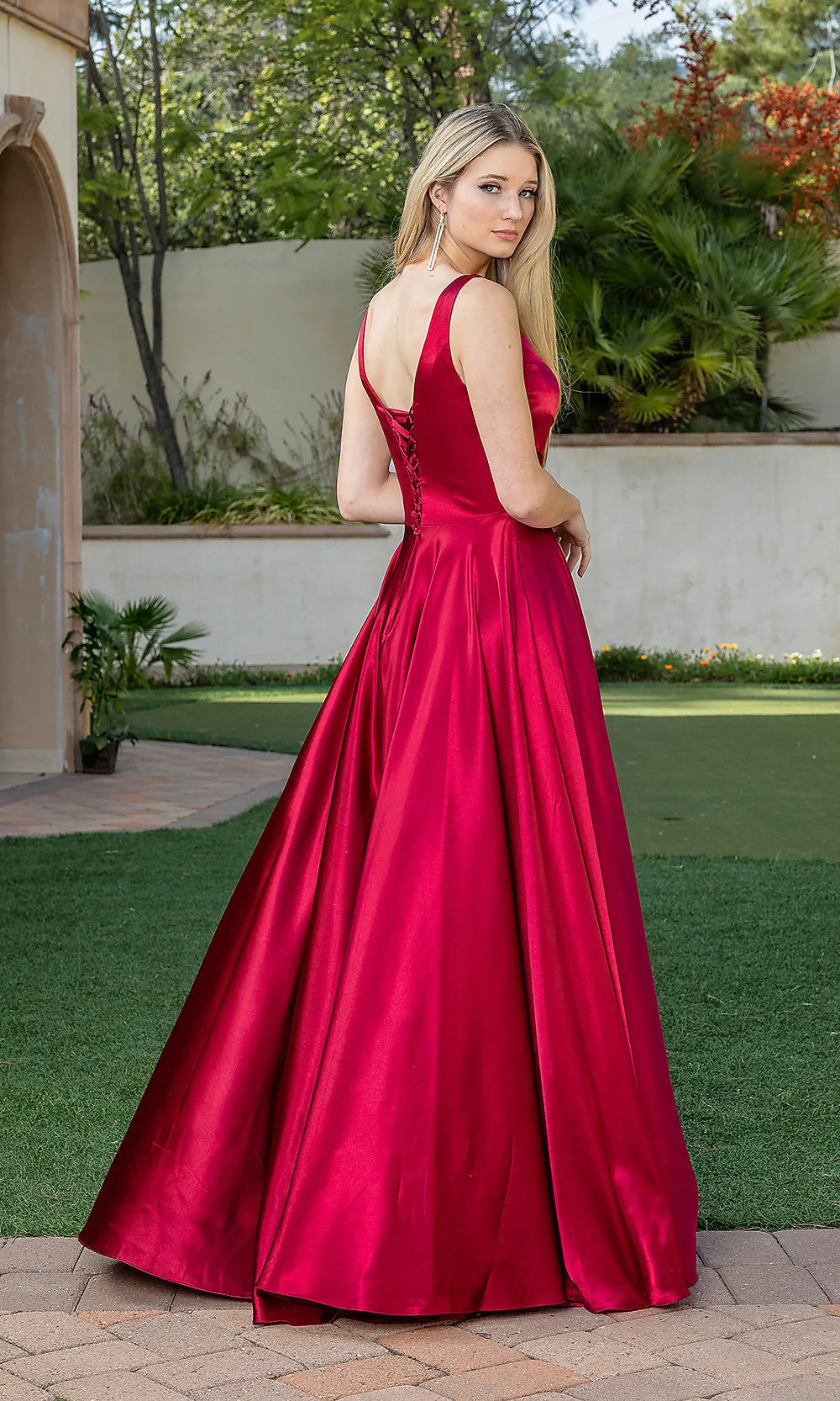 Corset-Back Long A-Line Prom Dress with Pockets