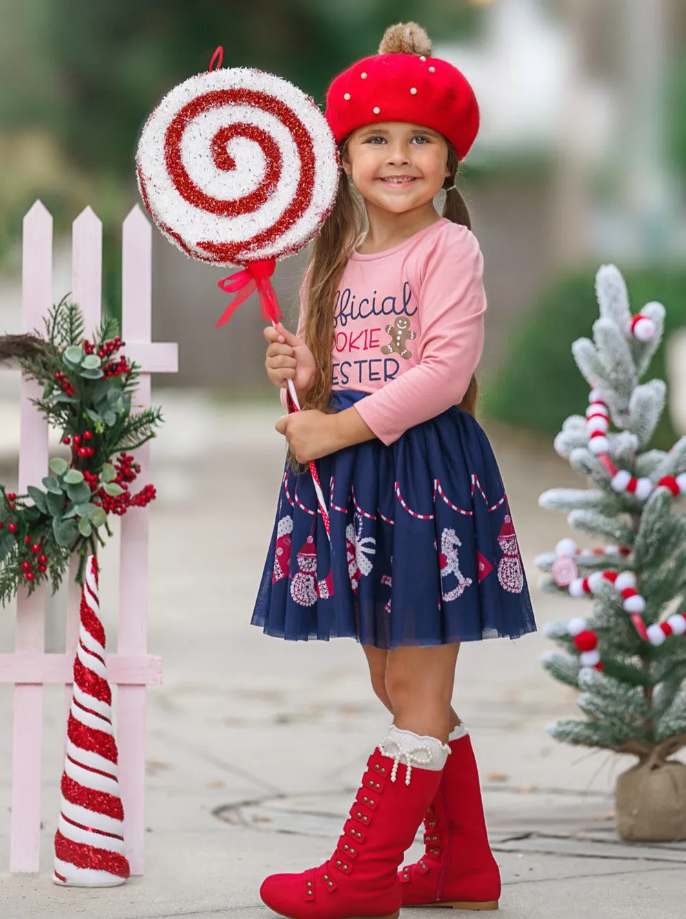Cutest Cookie Ruffle Top And Christmas Print Skirt Set
