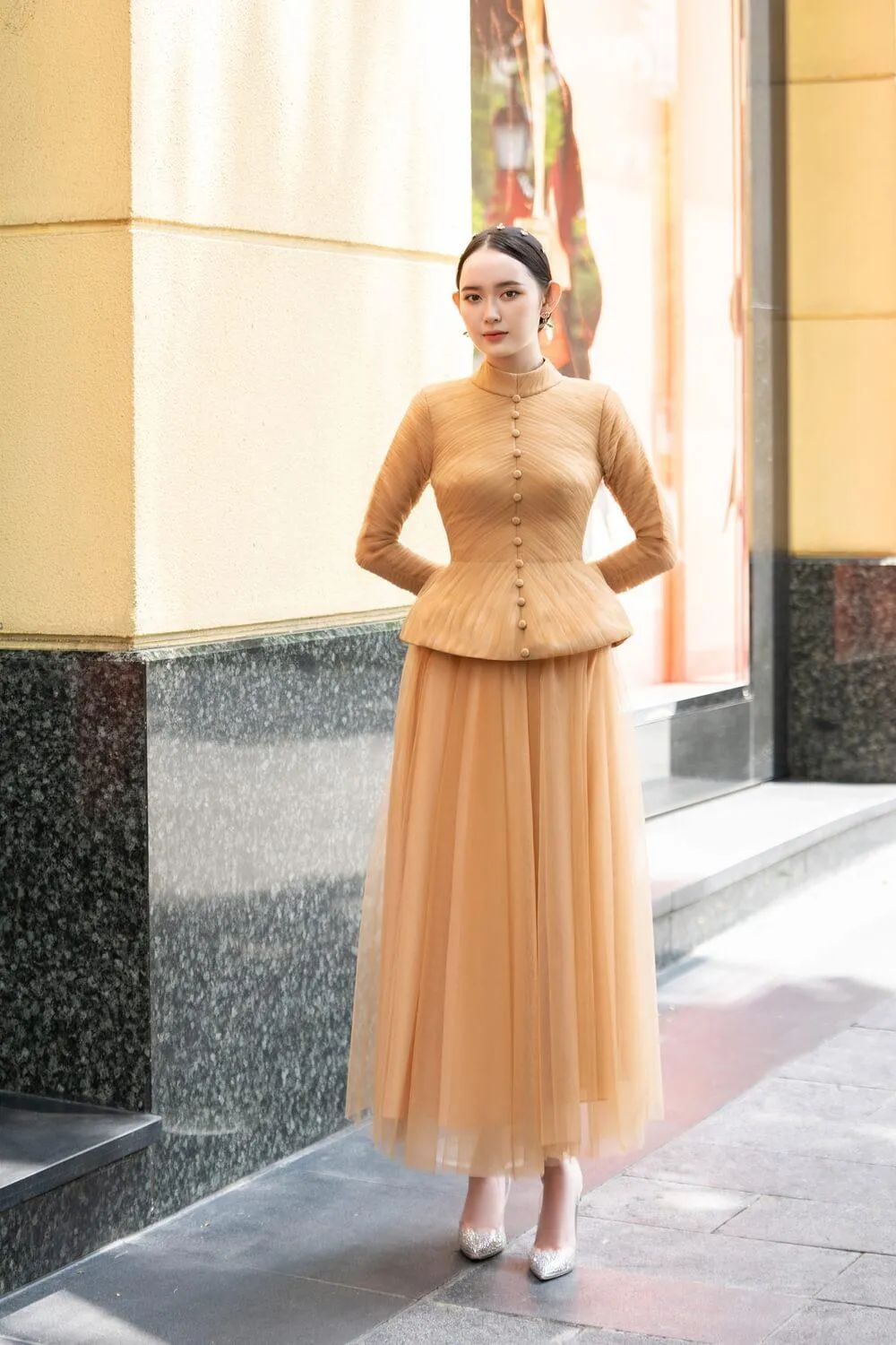 Dermot Peplum Pleated Mesh Sheer Ankle Length Set