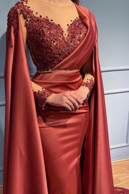 Designer Red Long Mermiad V-neck Lace Evening Dresses With Sleeves     fg2903