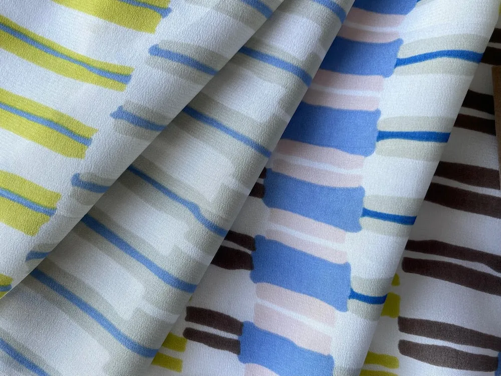 Designer Softly Muted Stacked Stripes Silk Crepe De Chine (Made in Italy)