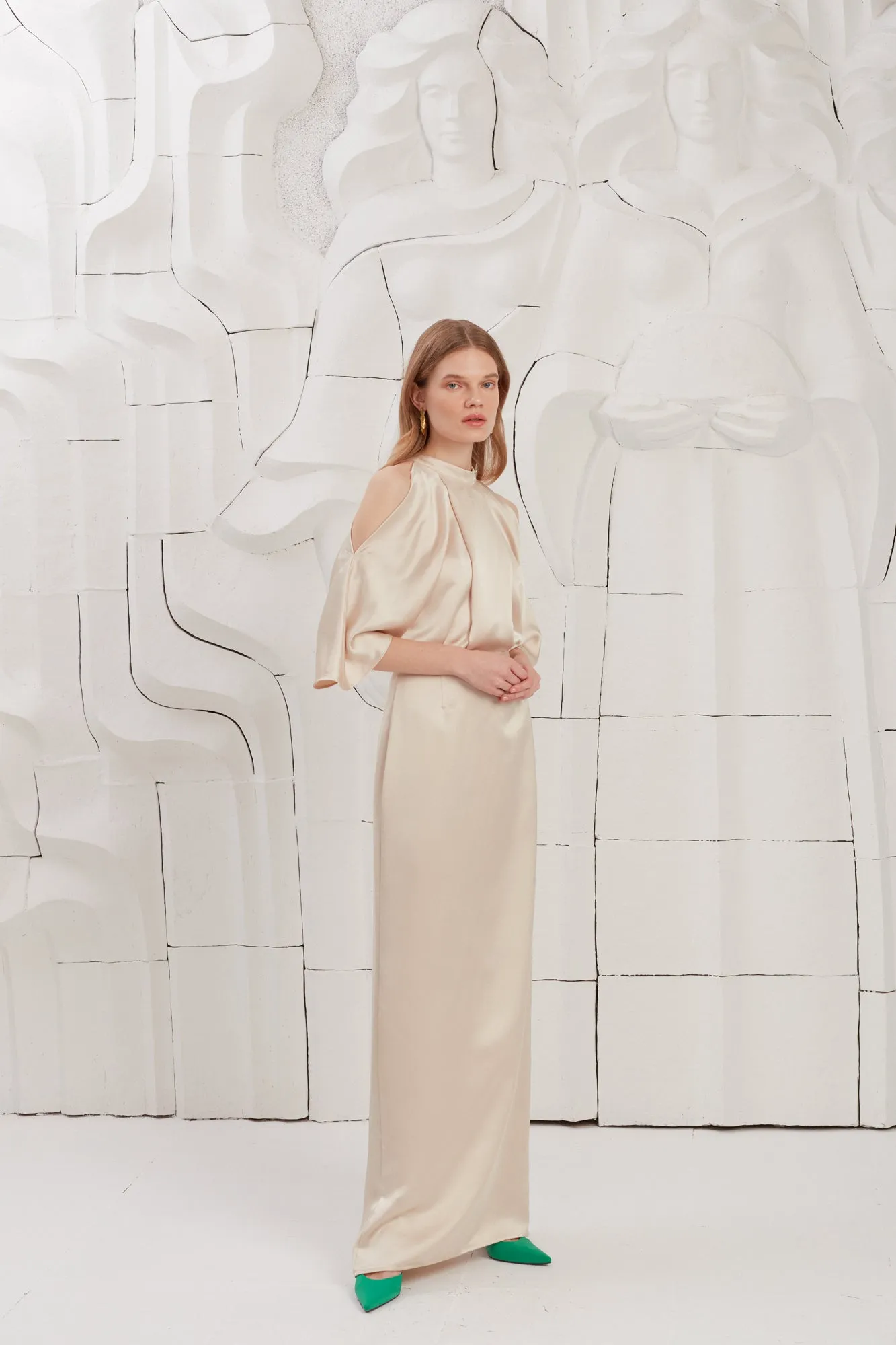 DEVA champagne cold shoulder maxi dress