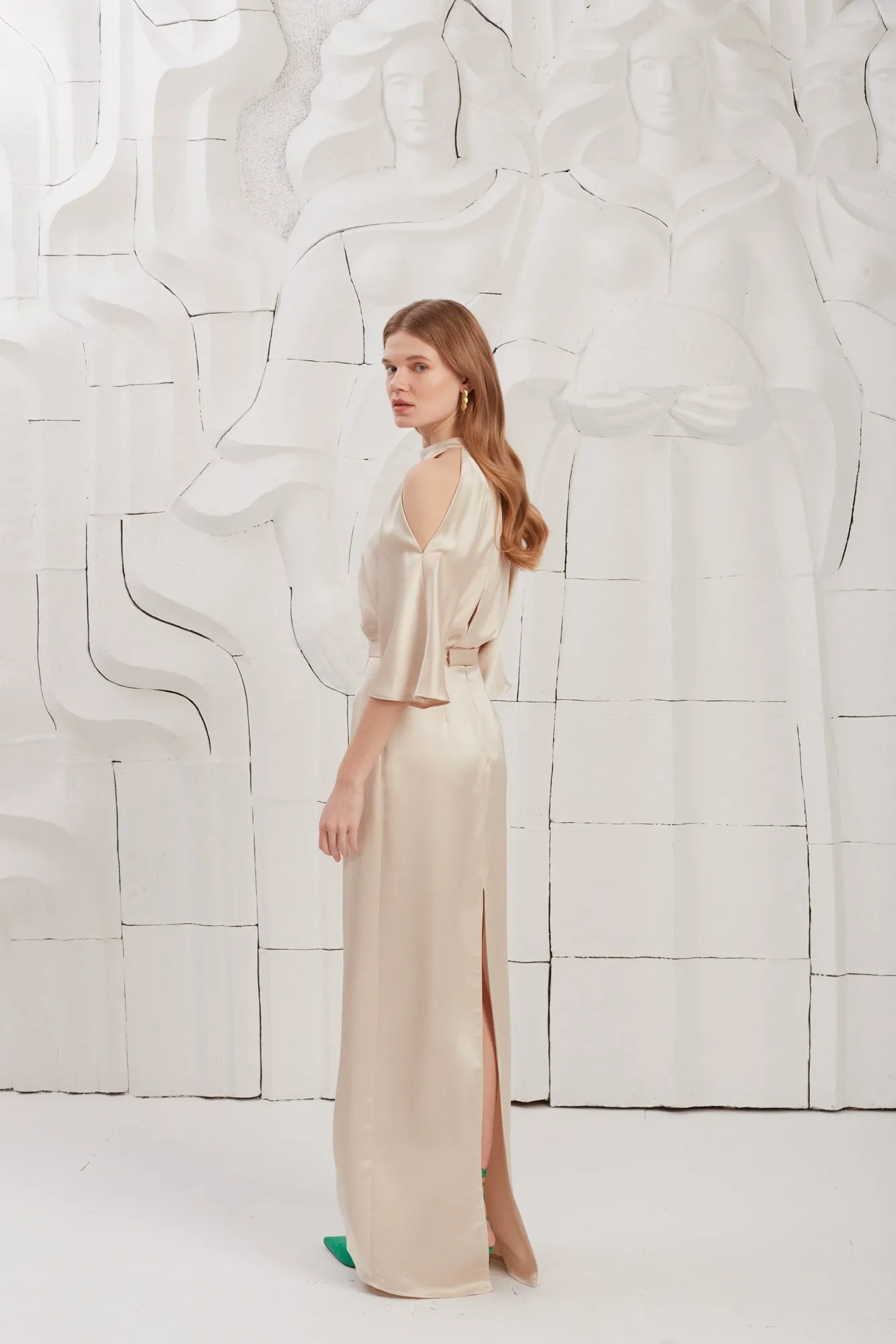 DEVA champagne cold shoulder maxi dress