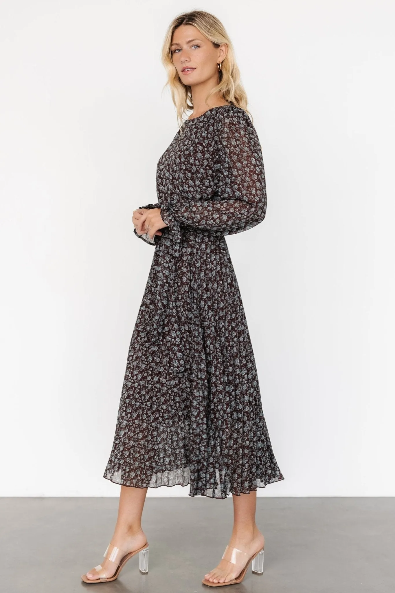 Edith Pleated Dress | Brown   Blue