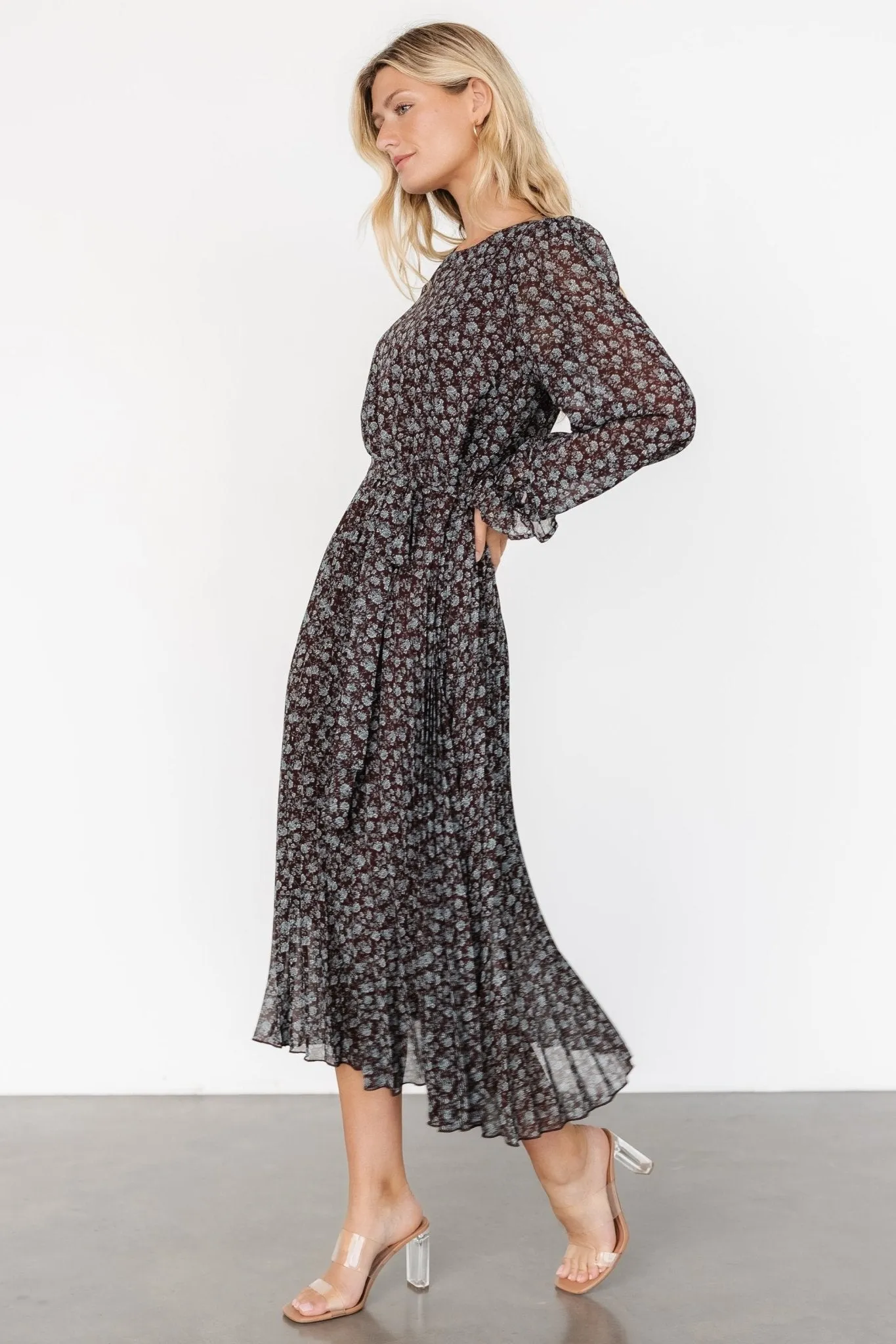 Edith Pleated Dress | Brown   Blue