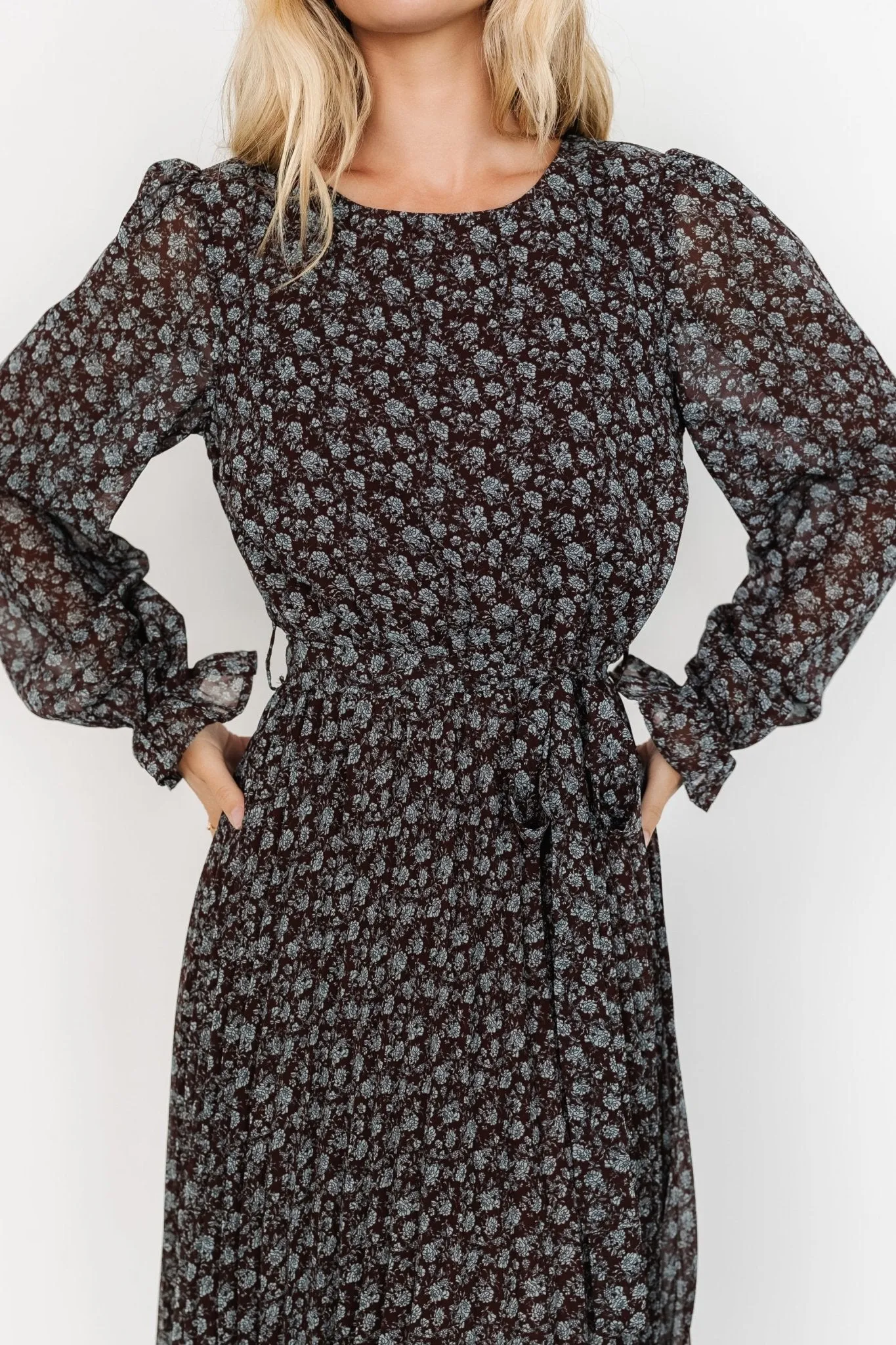 Edith Pleated Dress | Brown   Blue