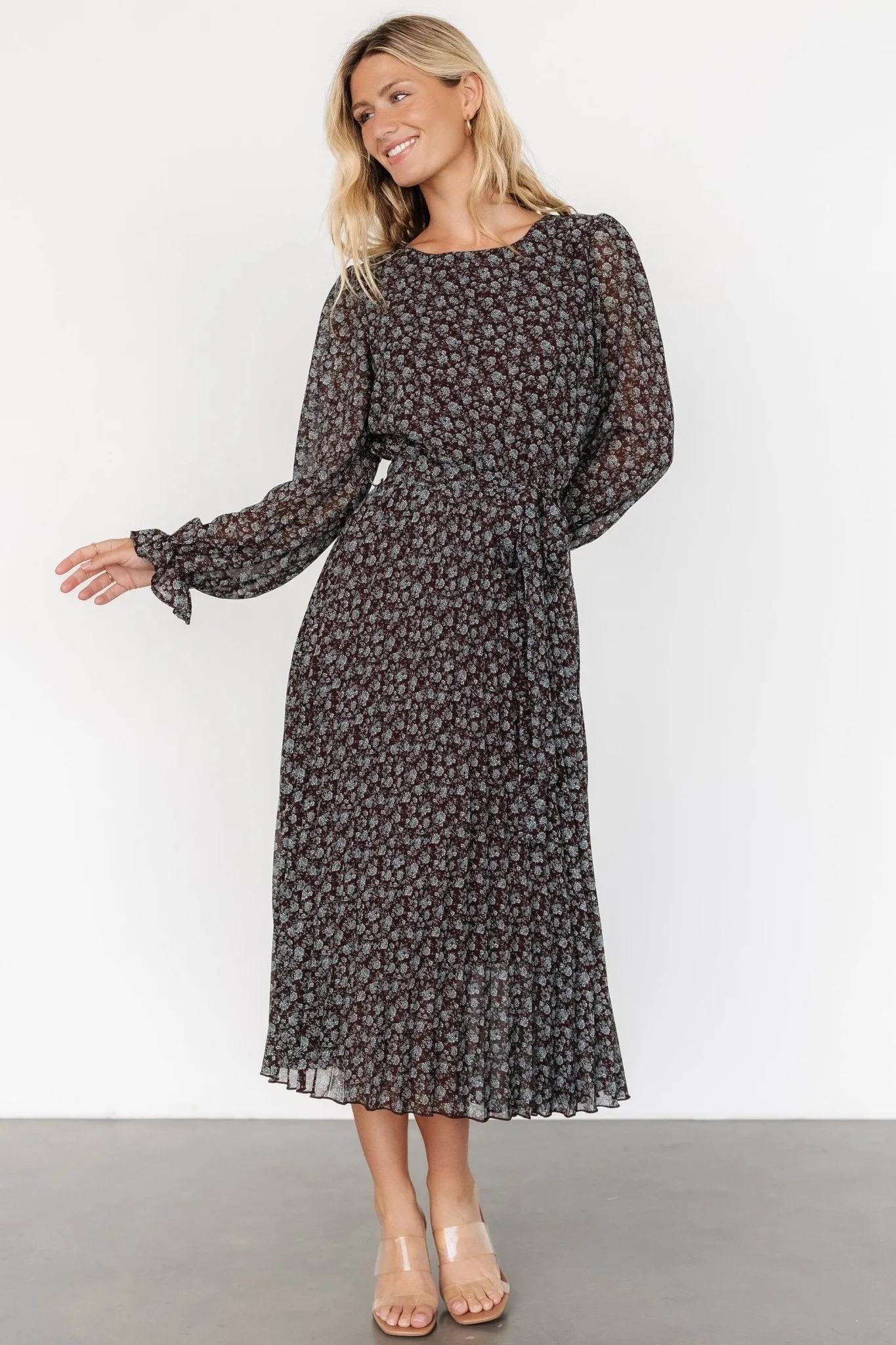 Edith Pleated Dress | Brown   Blue