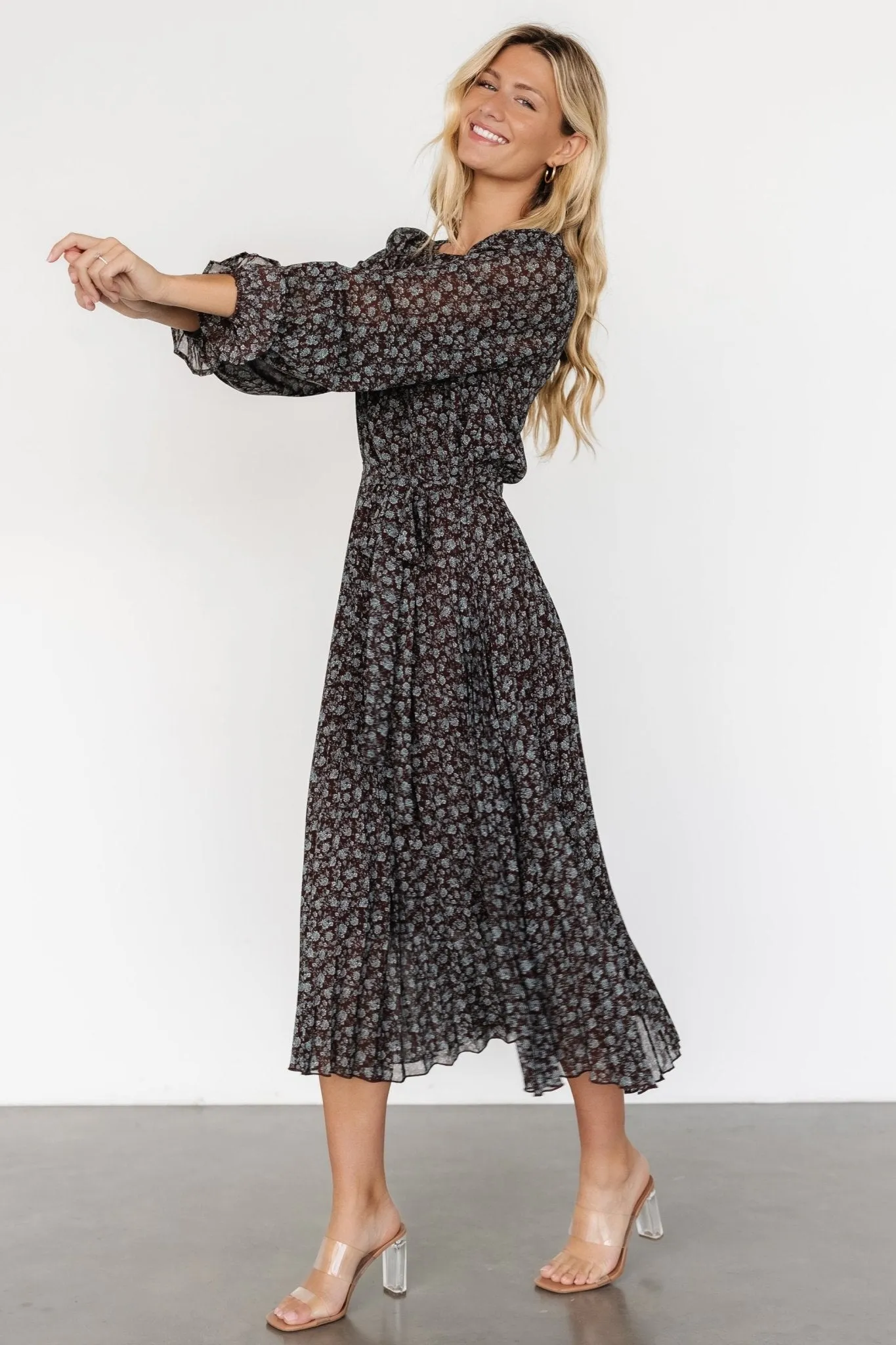 Edith Pleated Dress | Brown   Blue