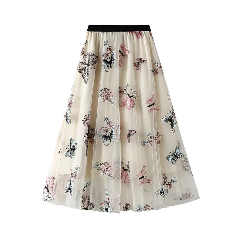 Embroidered Butterfly Mesh Skirt New High Waist Mid Length Fairy Swing Skirt 765