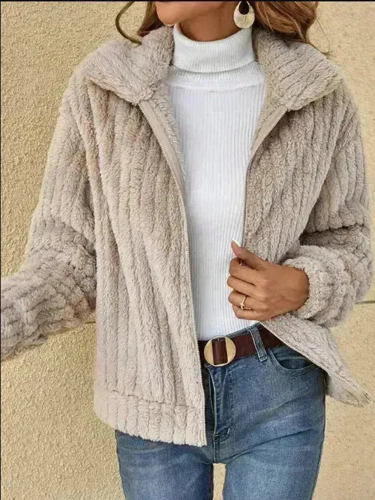 Fall Winter Casual Women Thick Fleece sherpa  Lapel  Cardigan sweater Jacket