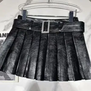 Girlary Y2k Skirt Harajuku Vintage Solid Color Pu Leather Pleated Skirt Goth Sexy Mini Skirt Fashion Casual High Waist Black Skirts Hot