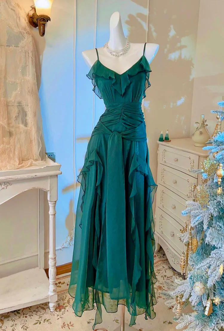 Green party dress women's ruffled long evening gown       S5979