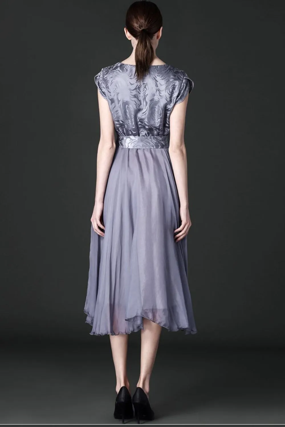 Ketty More Women Silk Printed Top Bow Waist Prom Dress-KMWD474