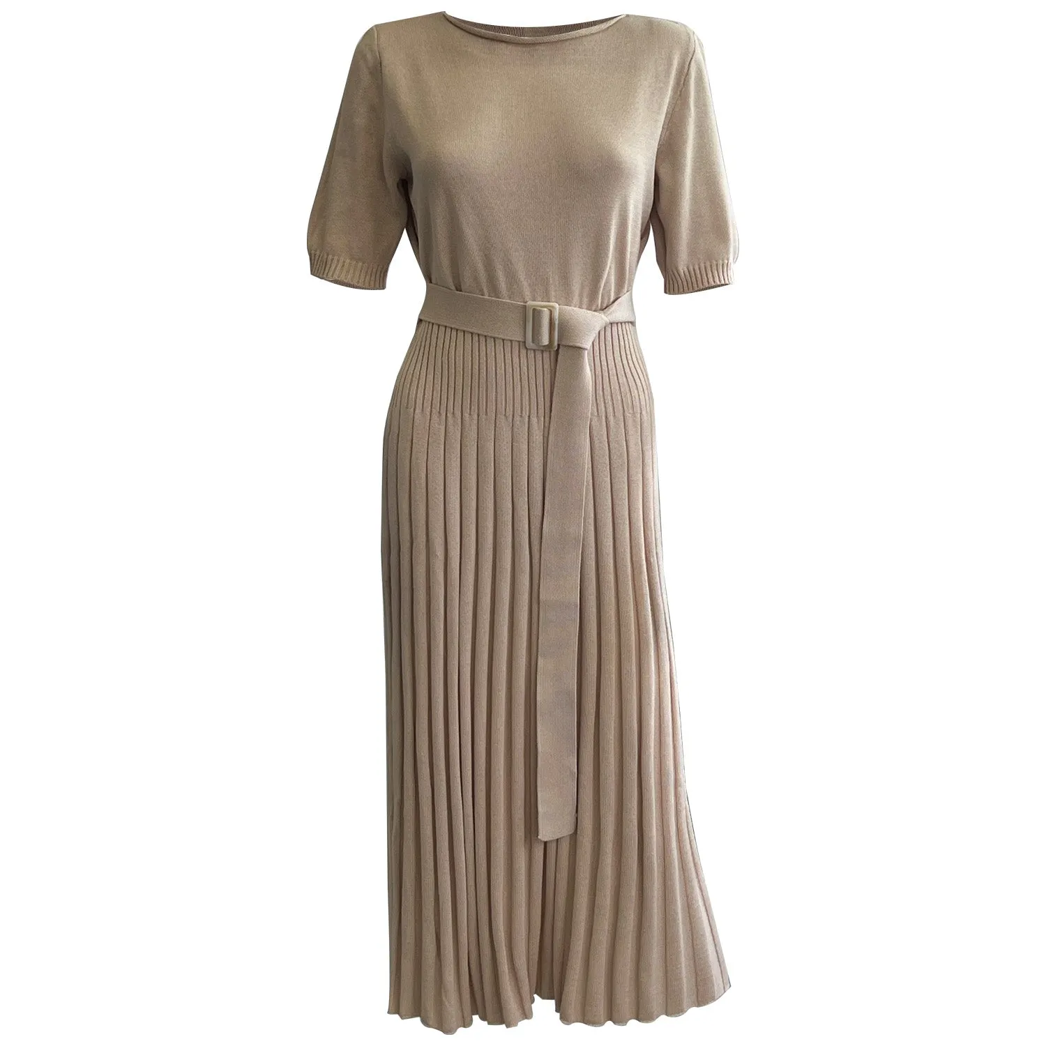Knitted Round Neck Pleated Skirt Midi Dress
