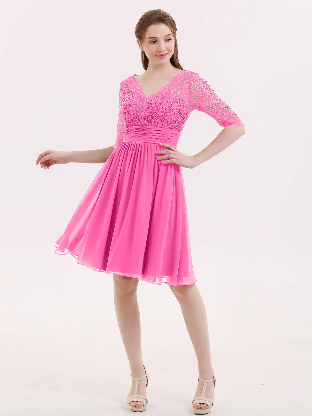 Lace and Chiffon Short Dress with Half Sleeves Azalea